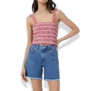 French Connection Smocked Sleeveless Crop Top 100% Cotton Square Neck Red 8 NWT